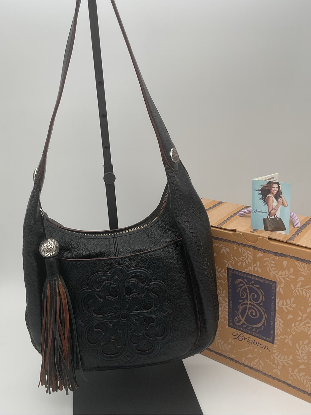 Brighton Silvana Ferrara Black Leather Shoulder Hobo With Tooled Medallion